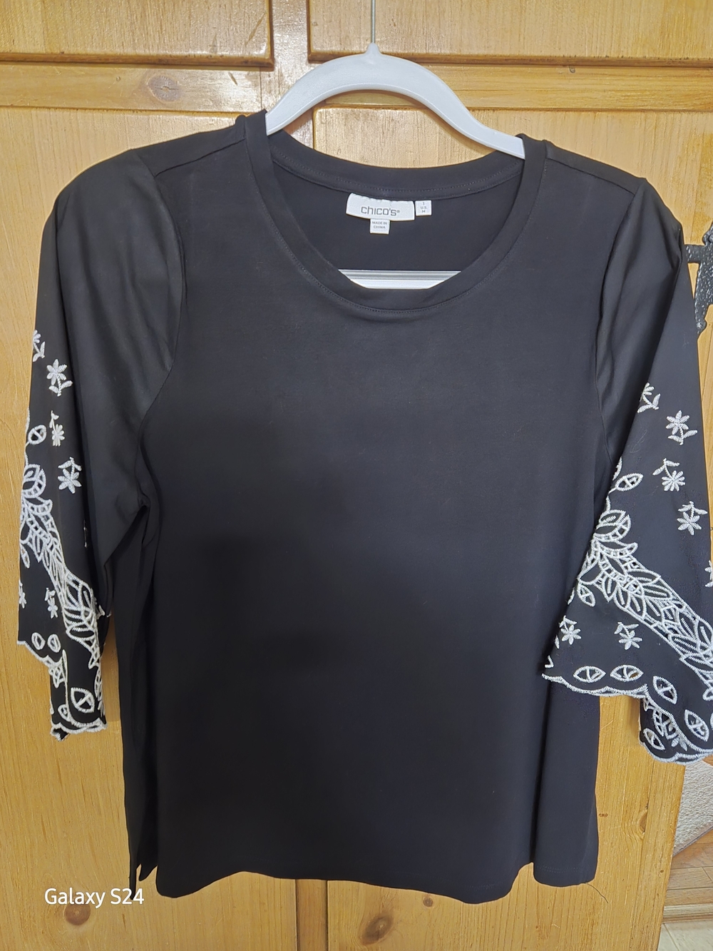 Chico's Black Scoop Neck Top with White Embroidered Bell Sleeves